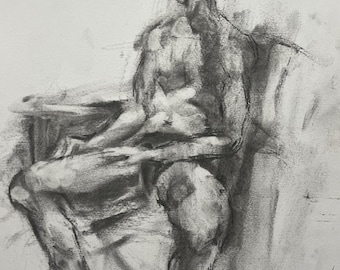 Dibujos a carboncillo, 2 dibujos de modelos para impresión, estudio corporal, 31 x 22,5 cm