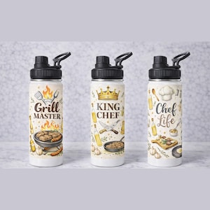 May include: Three white water bottles with black lids and handles. Each bottle features a different design: "Grill Master" with grilling graphics, "King Chef" with a crown and knives, and "Chef Life" with cooking utensils.