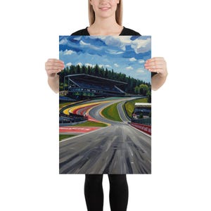 May include: A painting depicting a race track with a grandstand and trees. The track features a series of bends with red, yellow, and green markings. The sky is blue with white clouds.