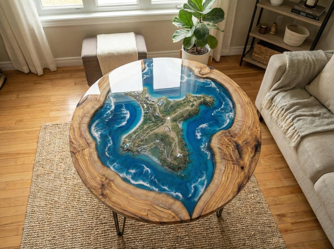 Epstein Island Epoxy Resin Coffee Table – Handmade Wood Ocean Art 40” X ...