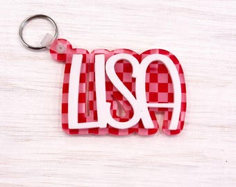 Personalized Red and Pink Checkered Name Keychain