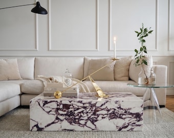 Viola Marble Look Coffee Table | Calacatta Porcelain Plinth, USA Made (48x24x12)