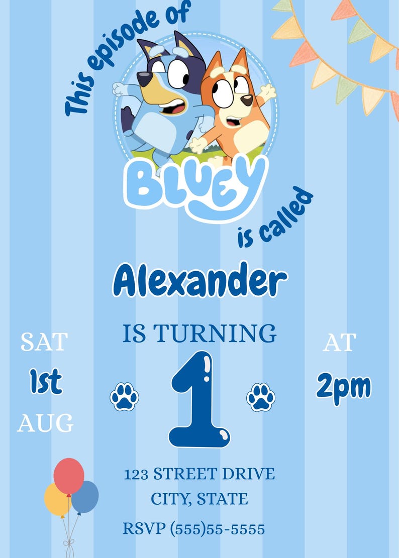 Bluey First Birthday Invitation, Bluey and Bingo Party Invite (digital ...