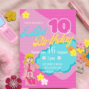 May include: Pink birthday invitation with the text "Lily's Birthday" and the number "10". The invitation includes a cartoon illustration of a girl, flowers, and the date "August 16". Additional elements include a pink flip phone and flower-shaped pins.