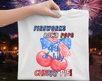 4 juli PNG-ontwerp | Vuurwerk, bommen, knallen, kersentaart, sublimatie | Patriotisch Amerikaans shirtontwerp | Rood, wit, blauw, zomer PNG-download