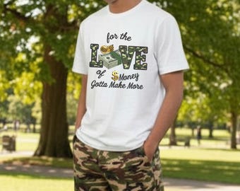 Liefde voor geld T-shirt met camouflageprint | Streetwear Hustle-T-shirt | Urban Fashion-uniseks shirt