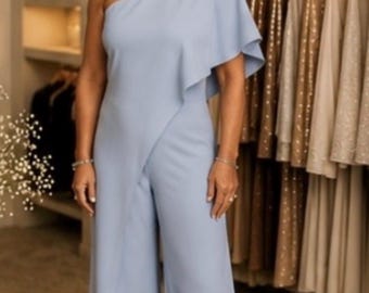 Adrianna Papell Light Blue One-Shoulder Jumpsuit | Size 6 | Elegant Evening Outfit | Wedding Guest | Resort Wear | Chic Formal Jumpsuit