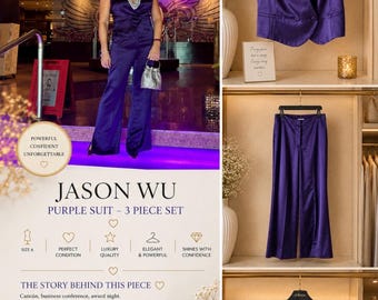 Jason Wu lila satin 3-delat set | Storlek 6 | Elegant kvällsoutfit | Lyxig resortklädsel | Prisutdelningslook | Chic statementkostym