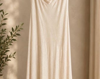 Calvin Klein Gold Long Dress, Elegant sleveless maxi dress with soft draped neckline shimmer finish