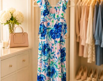 Vestido floral con volantes de Lilly Pulitzer, talla 8. Elegante vestido con estampado tropical, detalles femeninos de volantes y un encanto desenfadado de estilo vacacional.