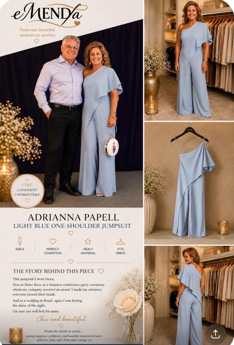 Op de afbeelding: Lichtblauwe one-shoulder jumpsuit van Adrianna Papell. De elegante jumpsuit heeft een asymmetrisch ontwerp en een wijde pijp. De afbeelding bevat ook een stel en de tekst "Chic, Confident, Unforgettable."