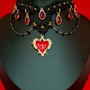 Vampire Princess Sacred Heart Choker Macrame Gothic Jewelry Red Ruby and Gold Other Side Vision