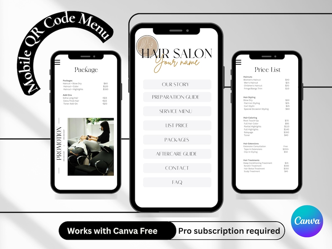 Mobile QR Menu Website Template | Editable Canva Hair Salon Menu ...
