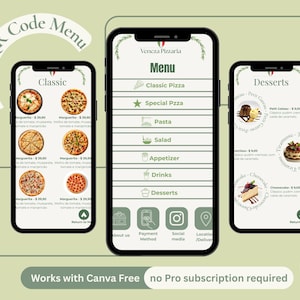 May include: Three smartphones displaying a mobile QR code menu for a pizzeria. The menu includes pizza, pasta, salad, appetizers, drinks, and desserts. The design is green and white with the text "Mobile QR Code Menu."