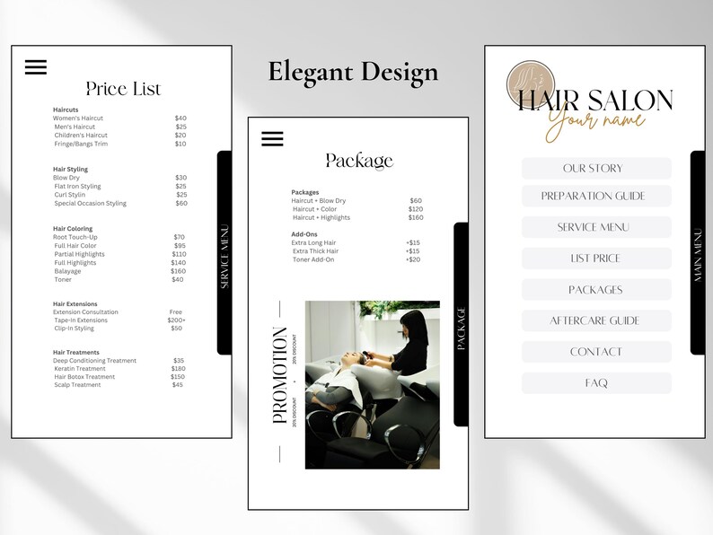 Mobile QR Menu Website Template | Editable Canva Hair Salon Menu ...