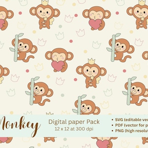 May include: A digital paper pack featuring a repeating pattern of cartoon monkeys. The monkeys are brown with various accessories, including crowns, hearts, and bamboo. The background is a light beige with crowns and dots. Text reads "Monkey Digital paper Pack 12 x 12 at 300 dpi".