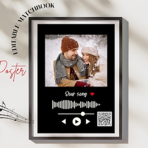 May include: A framed poster with a black background featuring a photo of a couple in winter attire. The text "Our song" is below the photo, along with a music waveform, play controls, and a QR code. The word "Poster" is written in red.