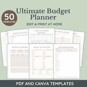 May include: A collection of printable budget planner templates. The design includes various financial planning pages, such as budget vs. actual, monthly overview, and zero-based budget. The text on the image reads "Ultimate Budget Planner" and "50 Templates". The templates are available in PDF and Canva formats.
