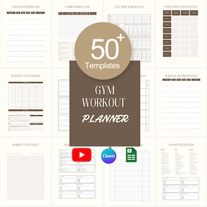 Peut inclure: Un planificateur d'entraînement de gym beige et marron avec des modèles pour l'entraînement de force, le cardio et les entraînements complets. Le planificateur comprend le texte "50+ Templates" et "Gym Workout Planner". Avec des icônes Canva et Excel.