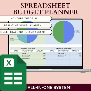 May include: A digital spreadsheet budget planner displayed on a laptop screen. The image includes pie charts, income and expense trackers, and the text "SPREADSHEET BUDGET PLANNER." Additional text includes "YOUTUBE TUTORIAL" and "ALL-IN-ONE SYSTEM."