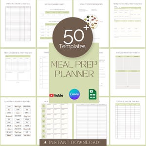 Puede incluir: Un conjunto de plantillas imprimibles para planificadores de preparación de comidas. La portada presenta "Meal Prep Planner" con "50+ Templates" en un círculo marrón. Varias hojas incluyen rastreadores, hojas de planificación y hojas de inventario. El diseño es en verde y blanco.
