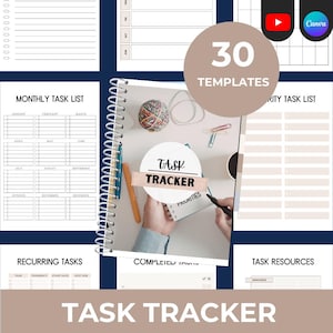 Può includere: Un pianificatore di attività con rilegatura a spirale e 30 modelli. La copertina mostra un gomitolo di lana, una penna e un taccuino con il testo TASK TRACKER. Le pagine circostanti mostrano layout per elenchi di attività e risorse.