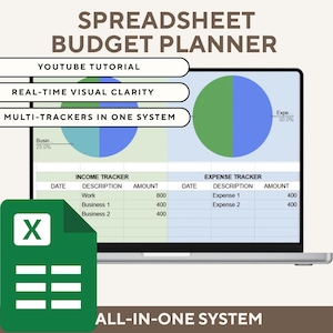 May include: A laptop screen displays a spreadsheet budget planner with pie charts and data tables. The image includes the text "SPREADSHEET BUDGET PLANNER", "YOUTUBE TUTORIAL", "REAL-TIME VISUAL CLARITY", and "MULTI-TRACKERS IN ONE SYSTEM". An Excel icon is also visible.