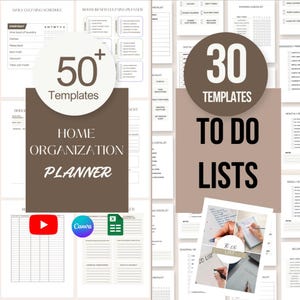 May include: A digital home organization planner set featuring 50+ templates and 30 to-do lists. The white pages contain black text with daily cleaning schedules, room-based planners, and checklists. Icons for YouTube, Canva, and Excel are visible.