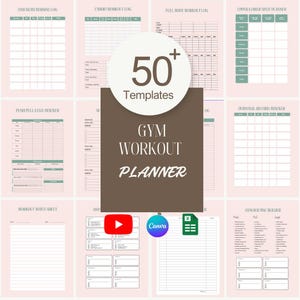 Agenda d'entraînement de salle de sport imprimable pour les débutantes Modèle de journal de remise en forme pour femmes Musculation Cardio Tracker Journal des enregistrements personnels Canva éditable