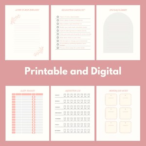 May include: A selection of printable and digital planner pages in a soft pink and white colour scheme. The pages include a relaxation checklist, sleep tracker, hydration log, and memory notes. The text "Printable and Digital" is displayed.
