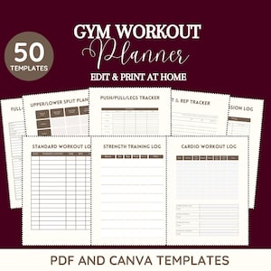 May include: A collection of printable gym workout planner templates. The design features a dark burgundy background with white text that reads "GYM WORKOUT Planner" and "50 TEMPLATES". The planner includes sections for various workout types, such as strength training and cardio.