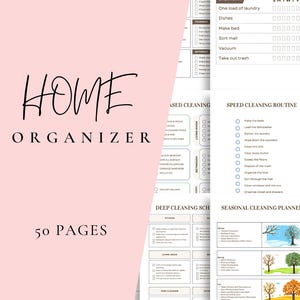 May include: A 50-page home organiser planner featuring a pink cover with black text reading HOME ORGANISER 50 PAGES. The interior pages contain various cleaning schedules, including a daily cleaning schedule, speed cleaning routine, and seasonal cleaning planner with illustrations for winter, spring, autumn, and summer.