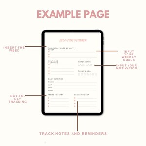 May include: A digital self-care planner displayed on a tablet. The planner features sections for daily nutrition, habits, water intake, and mood tracking. Text on the screen reads "Example Page" and "Self-Care Planner."