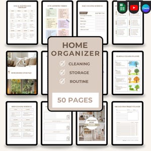 May include: A digital home organiser planner set featuring 50 pages of templates including an annual maintenance checklist, daily cleaning schedule, seasonal cleaning planner, and organisation project planner with text labels for cleaning, storage, and routine.