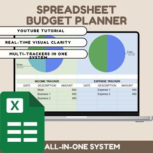 Könnte beinhalten: Ein digitaler Tabellenkalkulations-Budgetplaner, der auf einem Laptop-Bildschirm angezeigt wird. Das Bild enthält Kreisdiagramme, Einkommens- und Ausgaben-Tracker sowie den Text "SPREADSHEET BUDGET PLANNER", "YOUTUBE TUTORIAL" und "ALL-IN-ONE SYSTEM".