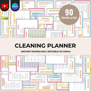 May include: A collection of 90 cleaning planner templates featuring various household task lists. The documents include headings like Dryer, Garage Shelves, Faucet, and Bathroom Floor, with text stating Cleaning Planner, Instant Download, and Editable in Canva.