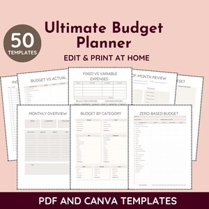 Può includere: Una raccolta di modelli di pianificatore di budget stampabili. L'immagine presenta uno sfondo rosa con il testo "Ultimate Budget Planner" e "50 Templates". Vengono visualizzati vari fogli di budget, tra cui "Budget vs Actual" e "Zero-Based Budget".