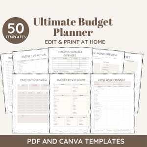 Puede incluir: Un planificador de presupuesto definitivo con 50 plantillas, diseñado para editar e imprimir en casa. El planificador incluye plantillas para presupuesto vs. real, gastos fijos vs. variables, resumen mensual, presupuesto por categoría y presupuesto base cero. Plantillas PDF y Canva.