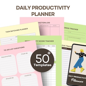 May include: A collection of colorful planner templates, including a task batching planner, to-do list variations, and a productivity score tracker. The image also features a digital planner with a person illustration and the text "Daily Productivity Planner". The image includes the text "50+ Templates".