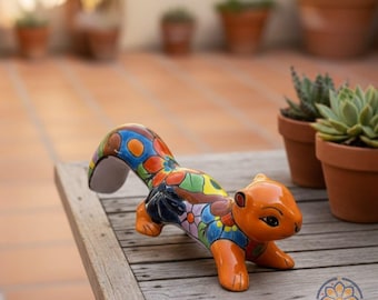 Hand-Painted Talavera Squirrel Statue | Mexican Ceramic Lying Squirrel Figurine Heavy Colorful Folk Art | Ships from Texas