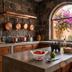 Può includere: Una cucina rustica con pentole e padelle di rame appese sopra un fornello a gas. Una ciotola di salsa rossa con un cucchiaio di legno è su un piano di lavoro in cemento. Una finestra rivela la vista di un albero in fiore.