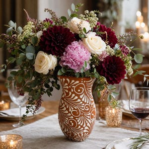 May include: A terracotta vase with a white hand-painted swirl pattern holds a floral arrangement of deep burgundy dahlias, cream-colored roses, a light pink peony, and green eucalyptus foliage, creating a dense and colorful centerpiece.