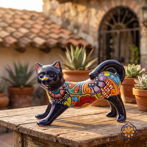 May include: A ceramic cat figurine in a stretching pose, featuring a glossy navy blue finish. The cat's body is adorned with a vibrant floral pattern in red, orange, yellow, and purple. The figurine is placed on a wooden surface.
