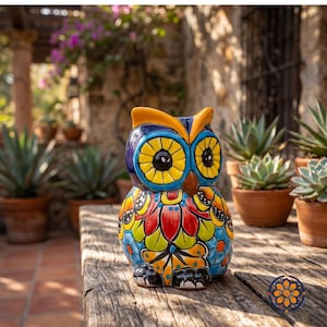 May include: A colorful ceramic owl figurine with a vibrant design. The owl features a blue head, yellow eyes, and a multi-colored body with red, yellow, and blue patterns. It is placed on a wooden surface, with plants in the background.