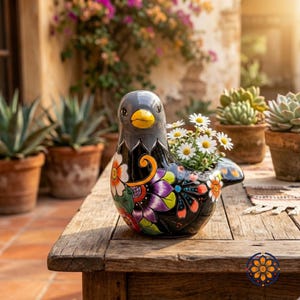 May include: A ceramic bird-shaped planter with a black body and a gray head, featuring a yellow beak. The planter is adorned with colorful floral patterns and filled with white daisies. It sits on a rustic wooden table, with potted plants in the background.