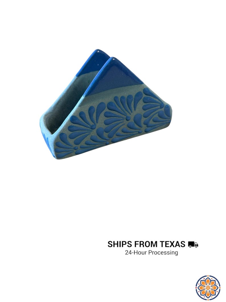 Porte-serviettes Talavera authentique | Porte-serviettes en relief d'art folklorique mexicain en argile | Expédié du Texas Bleu