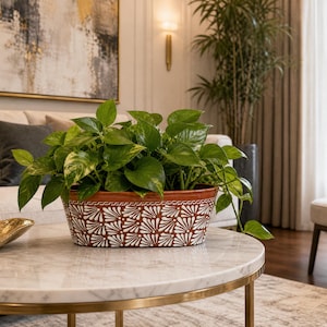 May include: An oval terracotta planter featuring a white hand-painted fan-like pattern around the exterior. The planter contains a lush green pothos plant with variegated heart-shaped leaves that spill over the sides of the vessel.