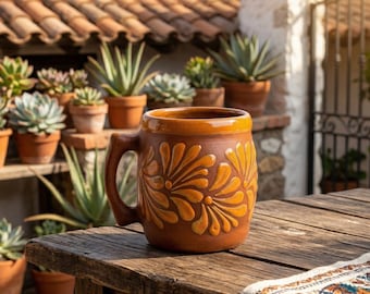 Chope à bière en céramique faite main | Chope à bière en poterie mexicaine authentique | Tasse à café floral texturé | Expédié du Texas