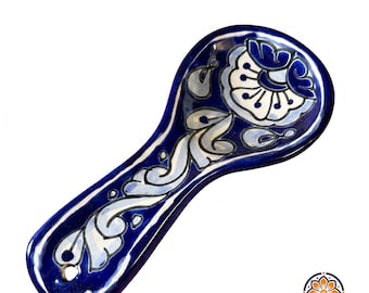 Hand-Painted Talavera Spoon Rest | Cobalt Blue Floral Ceramic Kitchen Decor | Ships from Texas