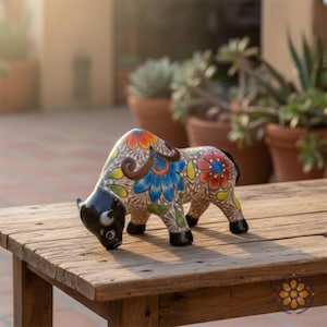 May include: A ceramic bull figurine with a cream-colored body, adorned with colorful floral patterns in blue, red, yellow, and orange. The bull has a black head, hooves, and tail, and is positioned on a rustic wooden table.